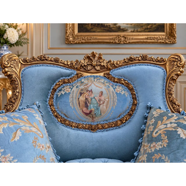 1920 French Artisan Louis XVI Gold Beech Velvet Settee For Sale - Image 9 of 11