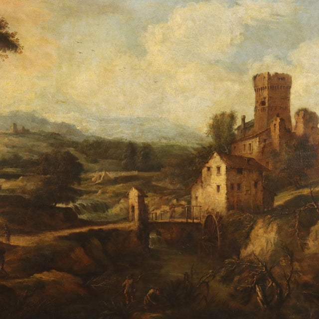 Landscape with Stream, Mill and Figures, Oil on Canvas, Framed For Sale - Image 3 of 14