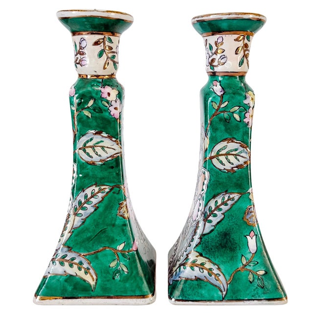 Vintage Chinese Famille Verte Floral Porcelain Candlesticks - A Pair For Sale - Image 4 of 10