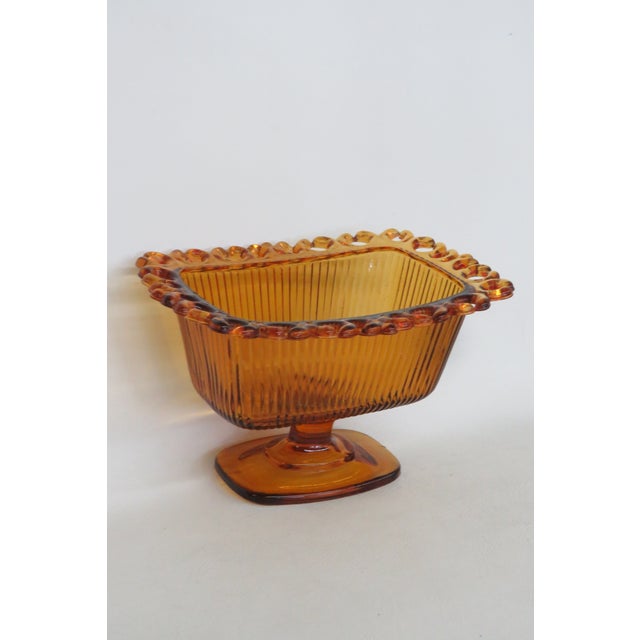 Ftda 1981 Amber Golden Brown Pressed Glass Embossed Pedestal Candy Dish 5088b For Sale - Image 18 of 18