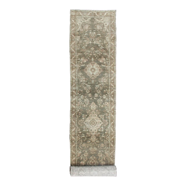 Green Color Very Long Antique Persian Runner With Floral Medallions 2'9 X 22'10 For Sale