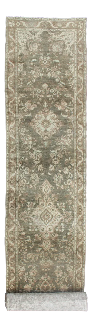 Green Color Very Long Antique Persian Runner With Floral Medallions 2'9 X 22'10