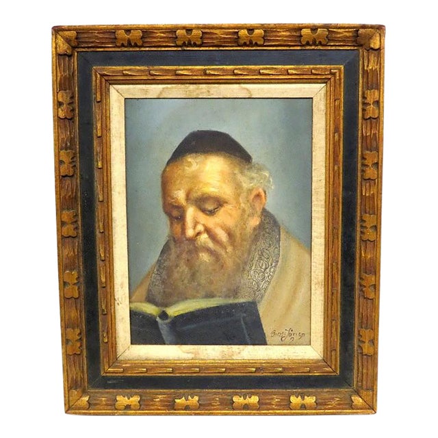 Mid 20th Century Mid-Century Original Oil on Canvas: "Rabbi in Study" by Erling Jørgensen (1905–1977) For Sale