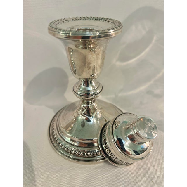 1960’s-1970’s Vintage Garden Silversmiths Sterling Silver Etched Glass Hurricane Candleholders - A Pair For Sale - Image 4 of 11