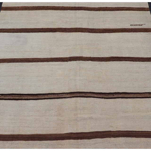 Traditional Ivory Ground Vintage Turkish Kilim Rug With Brown Stripes Wool Design For Sale - Image 3 of 11