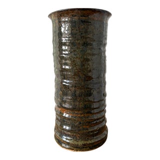 Vintage Brown Rust Tall Vase, Signed For Sale
