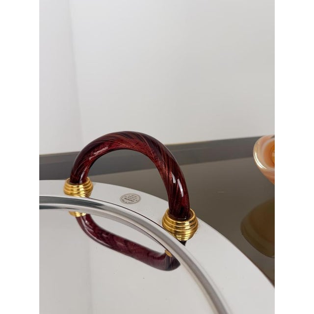 Postmodern Vintage Italian Round Tray with Violet Murano Glass Handles, 1980s For Sale - Image 3 of 17