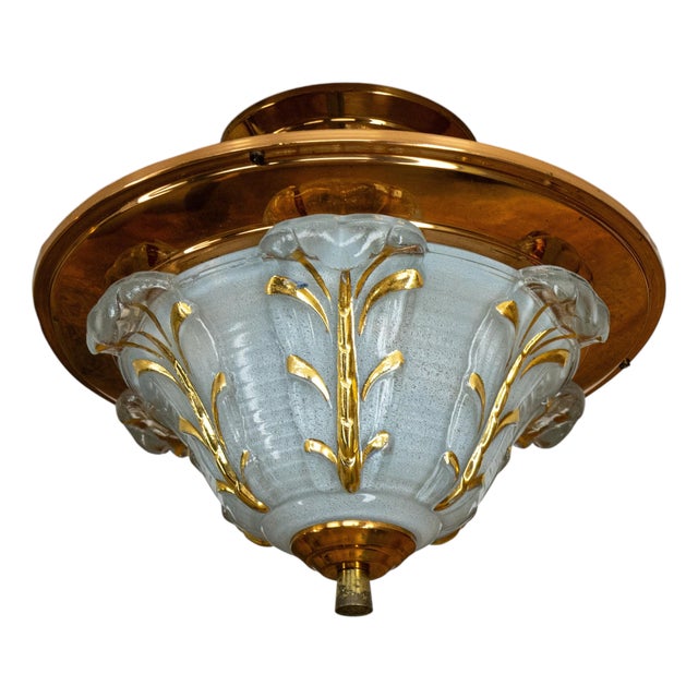 Art Deco French Copper and Frosted Glass Three-Light Ceiling Light, 1930s For Sale