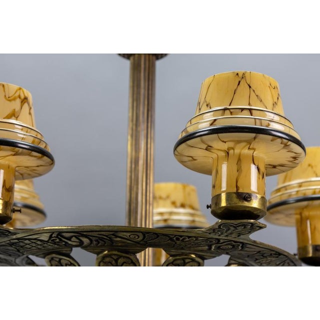 French Art Deco Bronze Chandelier with Marbled Beige Mushroom Glass Shades, 1930s For Sale - Image 15 of 18