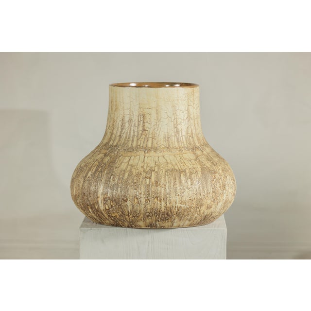 Large Artisan Studio Ceramic Vase with Textured Cream and Earth-Tone Glaze For Sale - Image 17 of 18