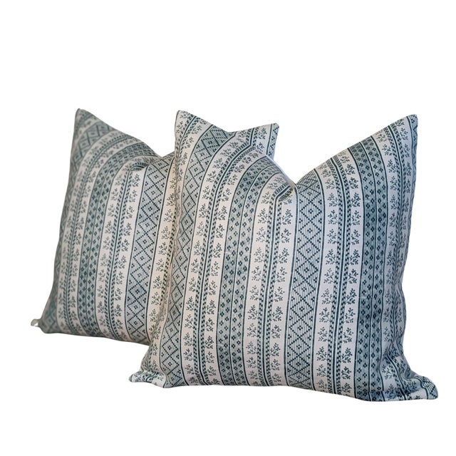 Jasper Dutch Stripe pillows in porcelain (turquoise green) on creamy background with coordinating cream linen backs. 100%...