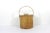 Vintage wood biscuit barrel or pail with handle and lid. Painted on the front with the word Biscuits and images of...