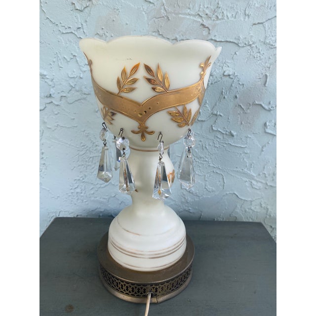 Art Deco 1930s Bohemian German Opaline Boudoir Lamp With Gilt Laurel Décor & Crystal Prisms For Sale - Image 3 of 10