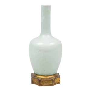 Antique 18th Century Chinese Kangxi Period Mallet Shaped Vase in Celadon Glaze Mounted in French Gilt Bronze