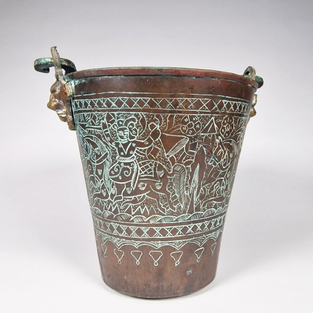 Metal Antique Copper Bucket Lion Mounts Indian Kashmir Mughal Warrior Horses Verdigris For Sale - Image 7 of 9