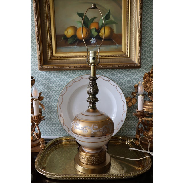 Metal Vintage Hollywood Regency Gold and White Satin Glass Table Lamp For Sale - Image 7 of 18