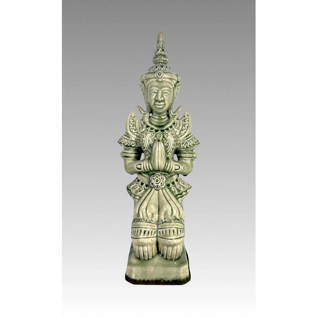 Large Celadon Green Crackle Glaze Angel Figure, Kneeling Tappanom (Thailand) For Sale - Image 9 of 12