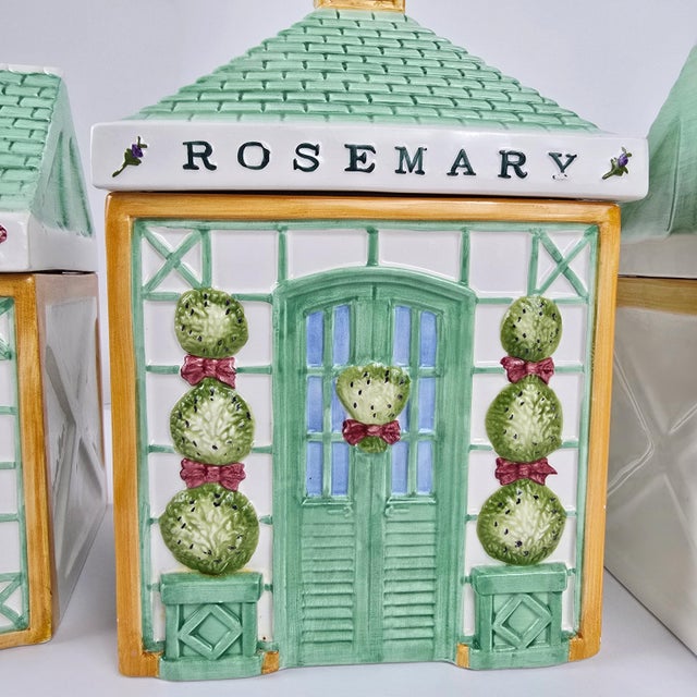 Shabby Chic Vintage Holly Holderman Lakehouse Village Ceramic Herb Garden Jars, Set of 3 For Sale - Image 3 of 12