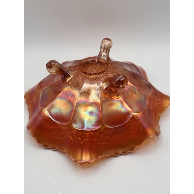Glass Vintage Fenton Marigold Stag & Holly Carnival Glass Footed Bow 11” X 4” For Sale - Image 7 of 9