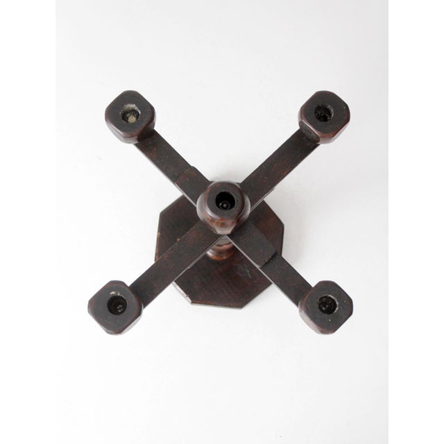 Cabin Vintage Spanish Revival Wood Candelabra Five Arm Candle Holder For Sale - Image 3 of 12