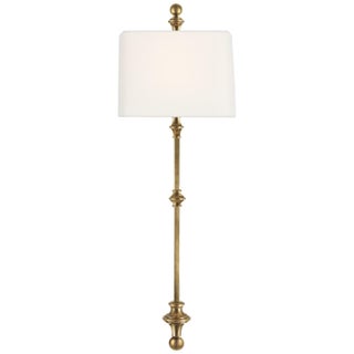 Chapman & Myers for Visual Comfort Signature Cawdor Stanchion Wall Light in Antique-Burnished Brass with Linen Shade For Sale