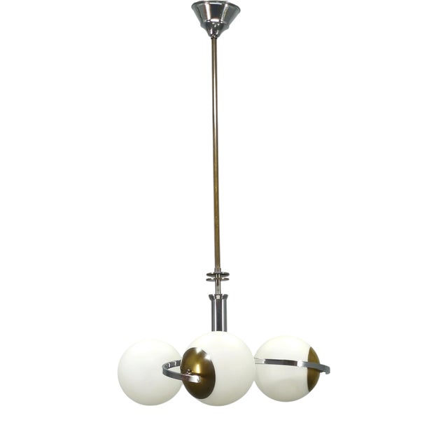 Art Deco Czech Chrome and Opaline Glass Chandelier, 1930s For Sale