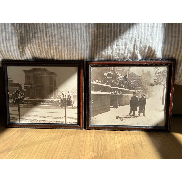 Pair of antique black-and-white photographs documenting a rare San Francisco snowfall, with views of a Victorian residence...