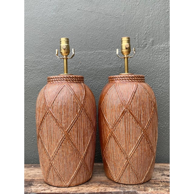 Metal Vintage Textured Ceramic Lamps - A Pair For Sale - Image 7 of 12