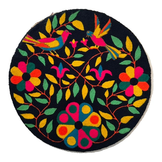 Vintage Round Hooked Textile Wall Hanging, 31” Folk Art Birds and Floral Motif For Sale