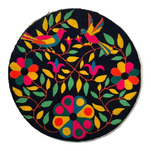 Vintage Round Hooked Textile Wall Hanging, 31” Folk Art Birds and Floral Motif