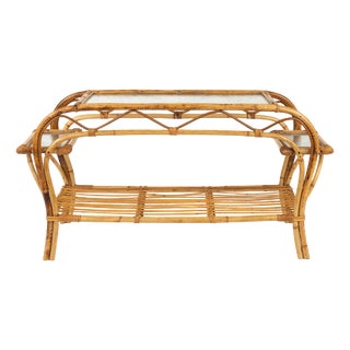 Mid-Century Modern Rattan and Frosted Glass Rectangular Side Table, Italy, 1970s For Sale