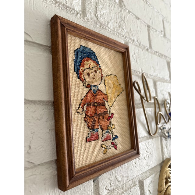 Vintage Cottage Core Cross Stitch, Needlepoint, Embroidered Framed Art of Little Boy & Kite, Textile Art For Sale In Charleston - Image 6 of 8