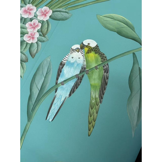 Teal Tropical Chinoiserie Mural | Hand-Painted 9-Panel Wallpaper With Monkeys & Birds For Sale - Image 4 of 6