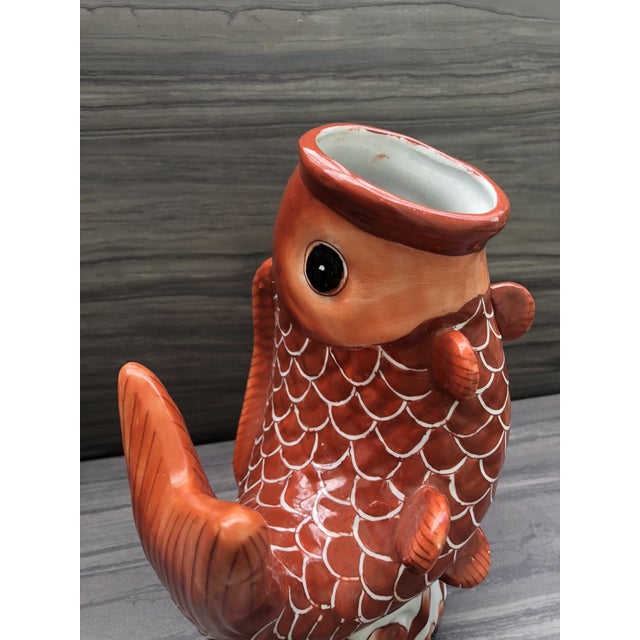 Vintage Chinese Porcelain Hand Painted Orange Glaze Koi Fish Vase For Sale - Image 4 of 8