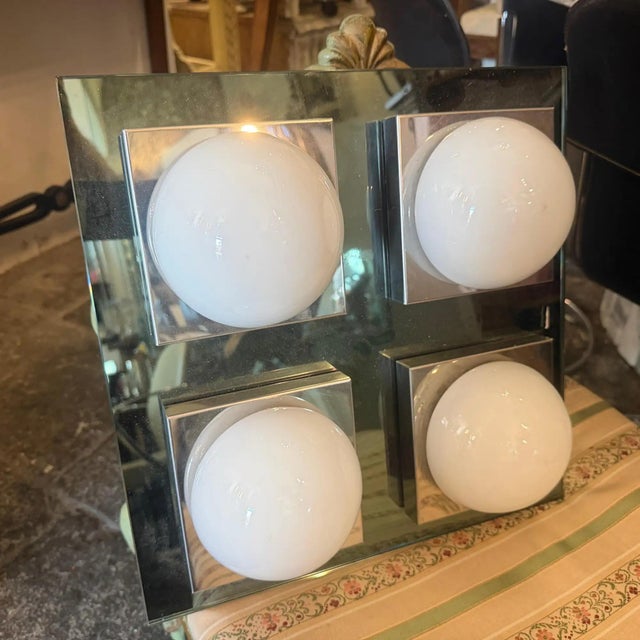 Mid-Century Modern A 1970s Space Age Square Chromed Metal and Glass Italian Ceiling Light by Veca For Sale - Image 3 of 15
