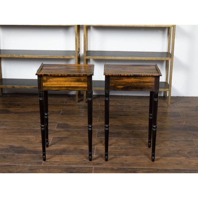 Pair of English Regency Period 19th Century Zebra Wood Tables with Brass Gallery For Sale - Image 9 of 12