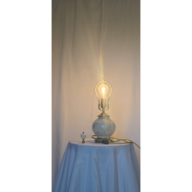 Vintage Lenox Floral Porcelain Table Lamps With Brass Accents and Pleated Shades - Pair For Sale - Image 4 of 8