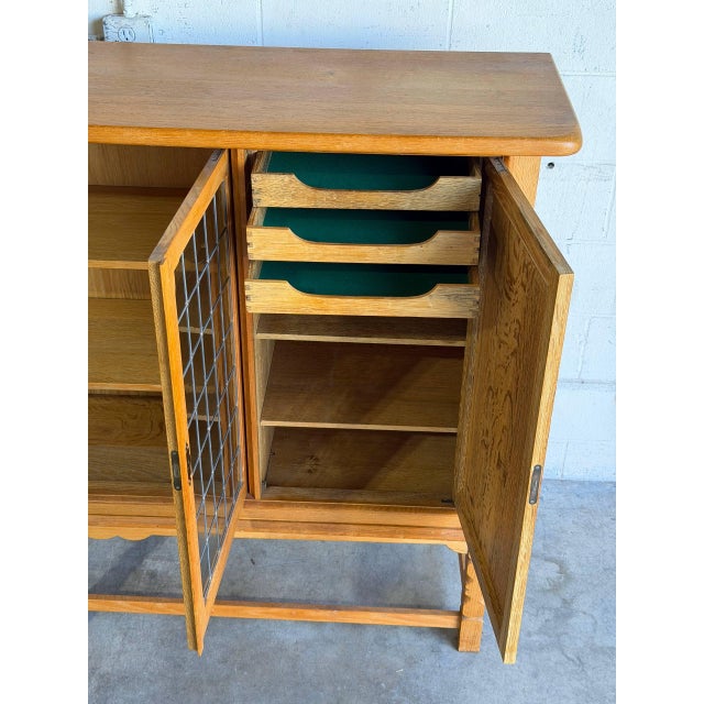 In Style of Henning Kjærnulf Large Oak Sideboard Сredenza With 2 Leaded Glass Mid-Century Modern Denmark 1960s For Sale - Image 9 of 10
