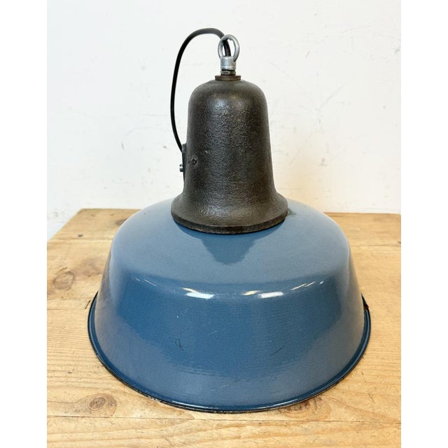 Industrial Blue Enamel Factory Lamp with Cast Iron Top, 1960s For Sale - Image 15 of 18