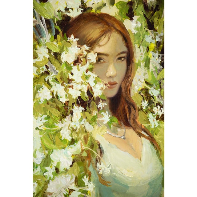Contemporary Jasmine by Nadezda | Oil on Panel Portrait of a woman among jasmine flowers For Sale - Image 3 of 5