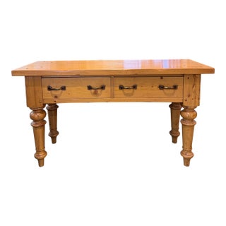 Late 20th Century Country English Farmhouse Pine Console Table With Turned Legs and Brass Hardware For Sale
