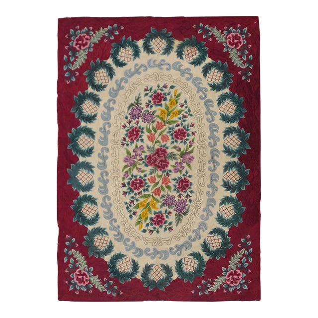 Large Antique Fine American Hooked Rug With French Floral Design in Ruby Red For Sale