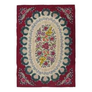Large Antique Fine American Hooked Rug With French Floral Design in Ruby Red