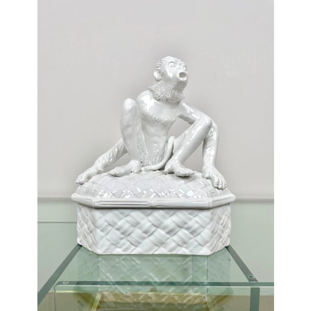 White ceramic box animal sculpture in the shape of a monkey by Vivai del Sud. Made in Italy in the 1970s. The original...