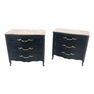 Pair Black Lacquer Heavy Solid Brass Drop Pulls Three Drawer Bachelor Chests For Sale