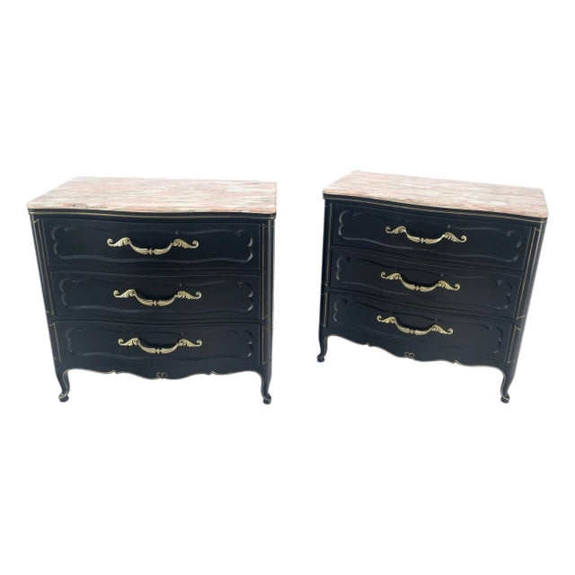 Pair Black Lacquer Heavy Solid Brass Drop Pulls Three Drawer Bachelor Chests For Sale