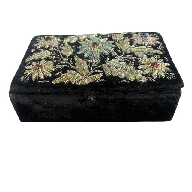 Vintage early 20th century rectangular jewelry or trinket box with zardozi (metal bound threads) embroidered flowers....