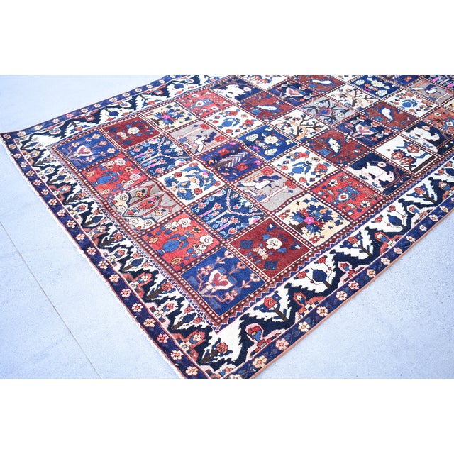 5.4 X 9.3 Ft Hand-Knotted Turkish Vintage Rug - Blue & Red Pictorial Grid Pattern For Sale - Image 6 of 10
