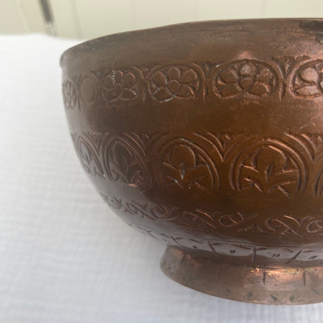 19th C. Antique Indo-Persian Hand-Engraved Copper Decorative Bowl For Sale - Image 6 of 12
