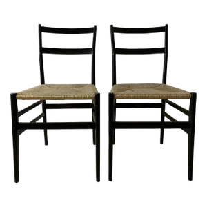 Mid 20th Century Set of 2 Leggera Black Ebonized Wooden Chairs by Gio Ponti, Italy,